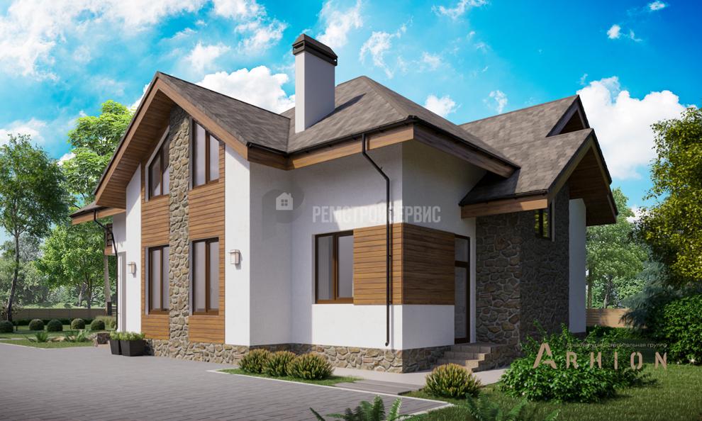 4. Проект одноэтажного дома в стиле шале с многоскатной кровлей, t-76-01, площадью - 242 кв c мансардой, терассой, балконом